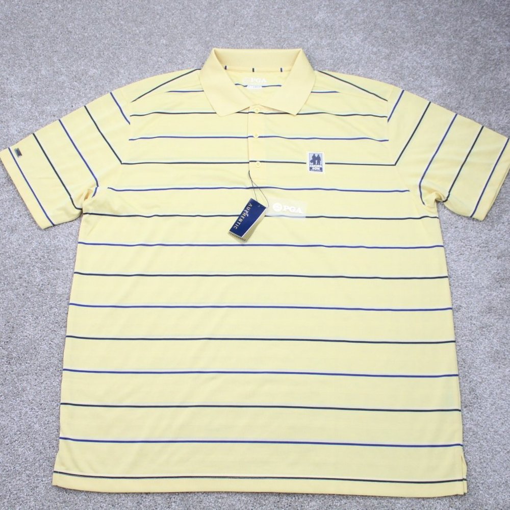 PGA Authentic Polo Shirt NWT Men's XL Yellow  w/ Blue/White Stripes S/S Pullover